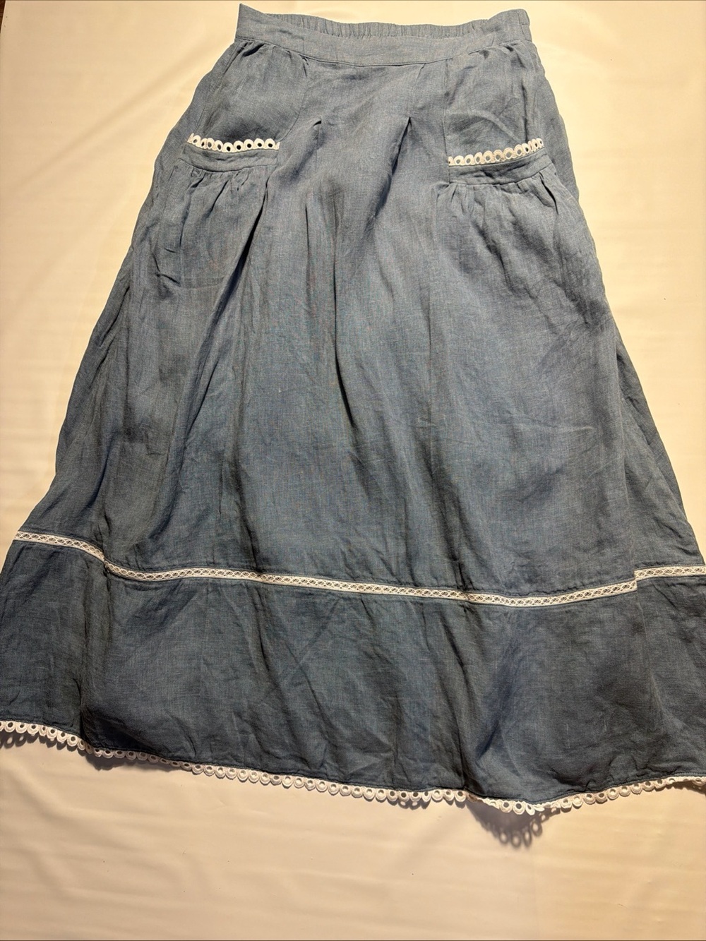 Lintico Blue Fenla Linen Eyelet Lace Trim Midi Skirt Cottagecore Boho Lined Sz M